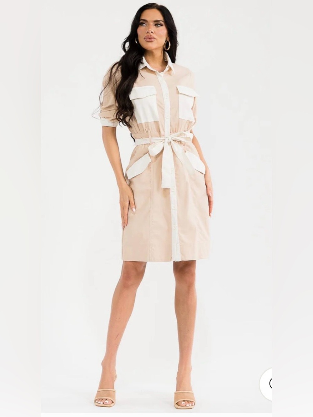 NWT La Diosa Beige Contrast Utility Shirt Dress Belted Linen Blend Size L
